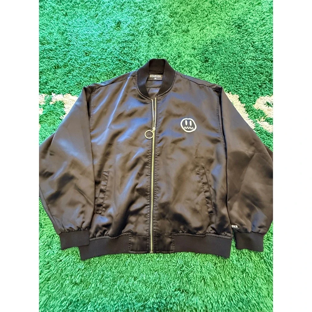 Beaster Bomber Jacket Mens M Black Good Satin Streetwear Embroidered Logo